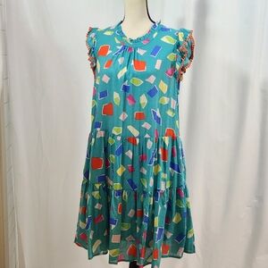 THML Teal Teired Ruffle Geometric Shape Babydoll Dress Size L Lightweight